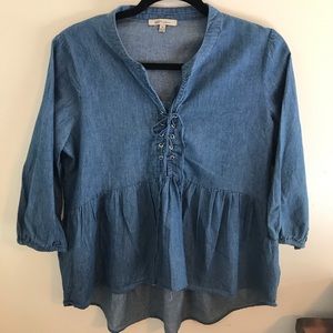 Cozy Casual Denim Peplum Lace Up Blouse